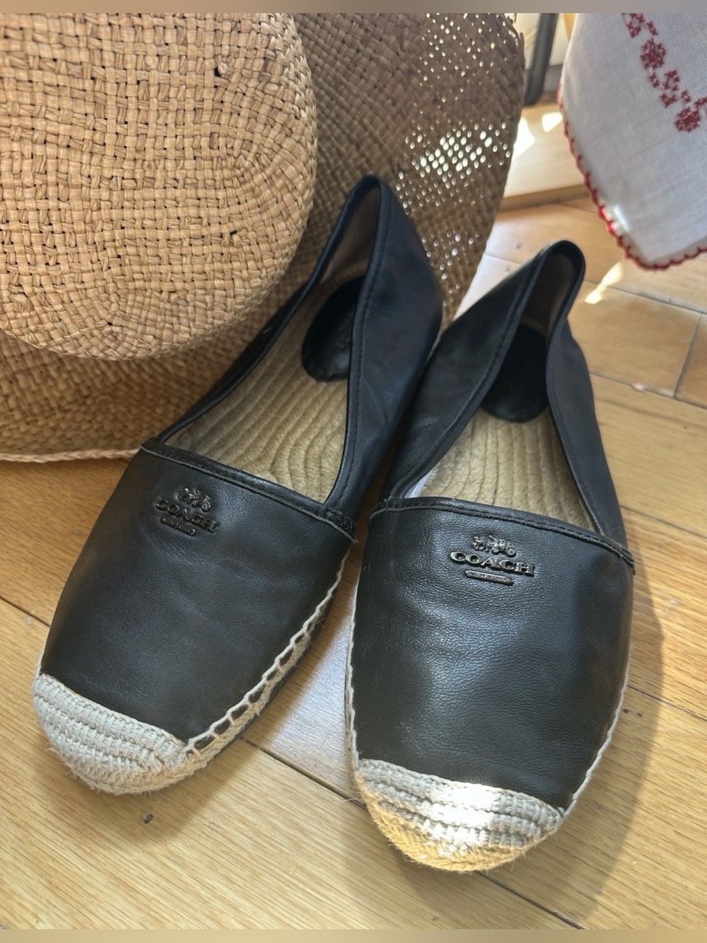 COACH Rhodelle Leather Espadrilles Slip On Sandals Black Women’s US Size 9.5